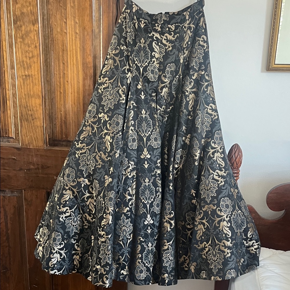 bebe Black and Gold Brocade Circle Skirt
